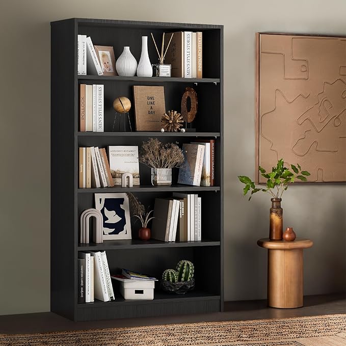 Soohow Grey Bookcase,Bookshelf for Bedroom,60 inches Tall Wood Book case Book Shelves,5 Shelf Book Shelves for Living Room Office - LeafyLoom