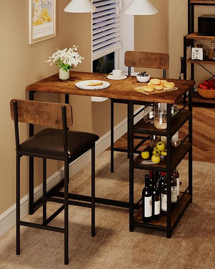Dining Table Set for 2, Kitchen Table and Upholstered Chairs for 2, 3 Piece Counter Height Bar Table Set with 3 Large Storage Shelves for Small Space, Apartment, Studio, Rustic Brown - LeafyLoom