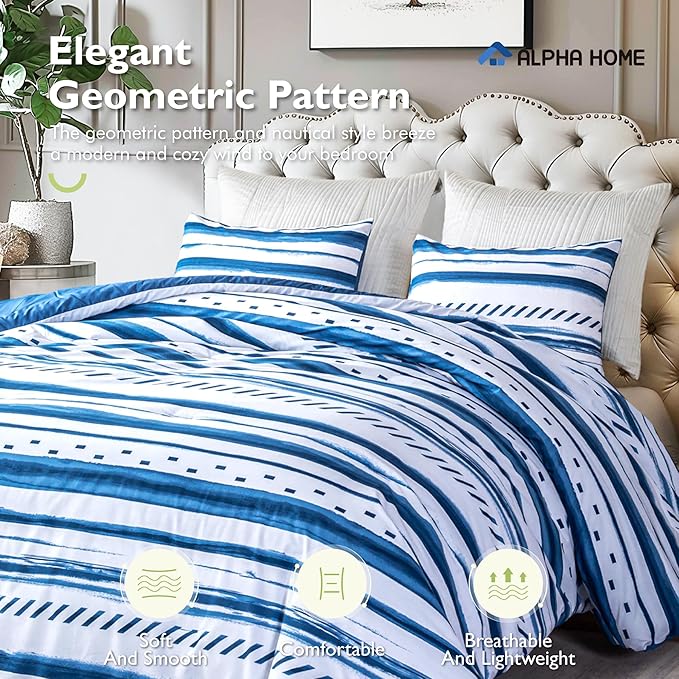 ALPHA HOME Comforter Set Queen Size, Nautical Style All Season Bedding Comforter Set, Comfortable Fluffy Comforter Set with Cotton Fabric (1 Comforter, 2 Pillowcases) - LeafyLoom
