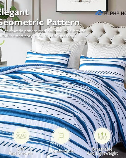ALPHA HOME Comforter Set King Size, Nautical Style All Season Bedding Comforter Set, Comfortable Fluffy Comforter Set with Cotton Fabric (1 Comforter, 2 Pillowcases) - LeafyLoom