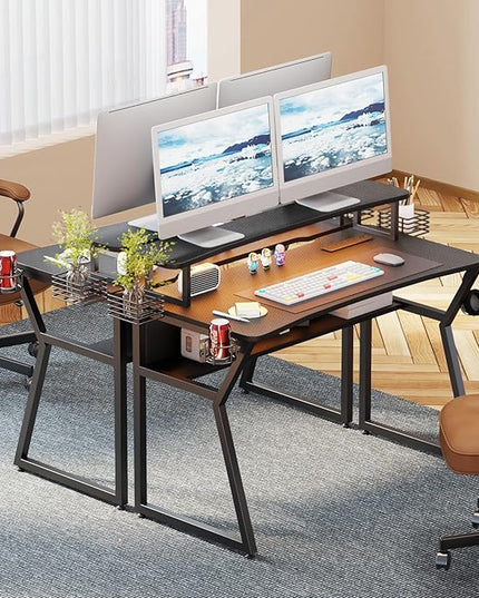 Gaming Desk with Power Outlet&Led Lights, Computer Desk with Monitor Stand and Open Shelf,Gamer Table Workstation with Cup Holder, Headphone Hook, 2 Speaker Stand for Home Office - LeafyLoom