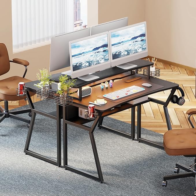 Gaming Desk with Power Outlet&Led Lights, Computer Desk with Monitor Stand and Open Shelf,Gamer Table Workstation with Cup Holder, Headphone Hook, 2 Speaker Stand for Home Office - LeafyLoom