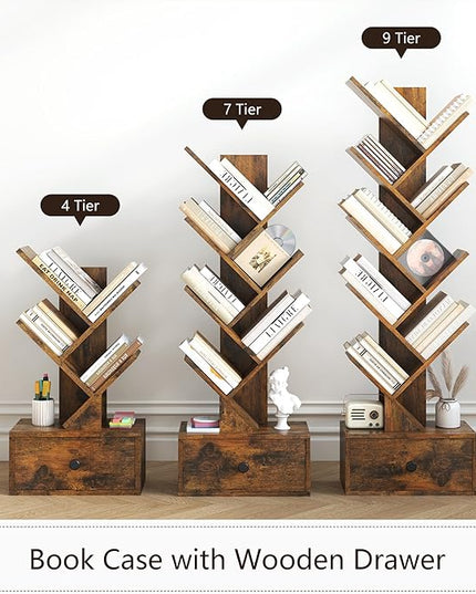 9 Tier Tree Bookshelf, Tree Bookcase with Drawer, Floor Standing Tall Wood Book Shelves Organizer for Living Room, Bedroom, Home Office, Rustic Brown - LeafyLoom