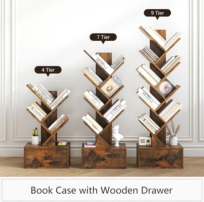 9 Tier Tree Bookshelf, Tree Bookcase with Drawer, Floor Standing Tall Wood Book Shelves Organizer for Living Room, Bedroom, Home Office, Rustic Brown - LeafyLoom
