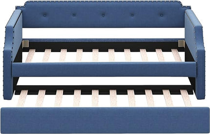 Twin Size Upholstered Trundle, Daybed Frame Sofa Bed for Bedroom Living Room Guestroom, Wood Slat Support, Space Saving Design, Blue - LeafyLoom