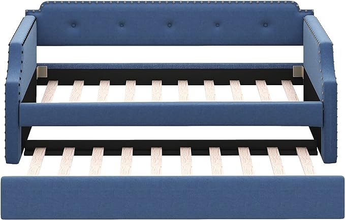 Twin Size Upholstered Trundle, Daybed Frame Sofa Bed for Bedroom Living Room Guestroom, Wood Slat Support, Space Saving Design, Blue - LeafyLoom