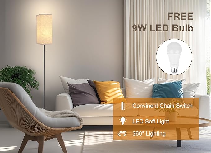 Floor Lamp for Living Room,Farmhouse Linen Floor lamp,Modern Standing lamp with LED Bulb Included,Black Tall Lamp with Chain Switch for Bedroom,Kids Room and Office. - LeafyLoom
