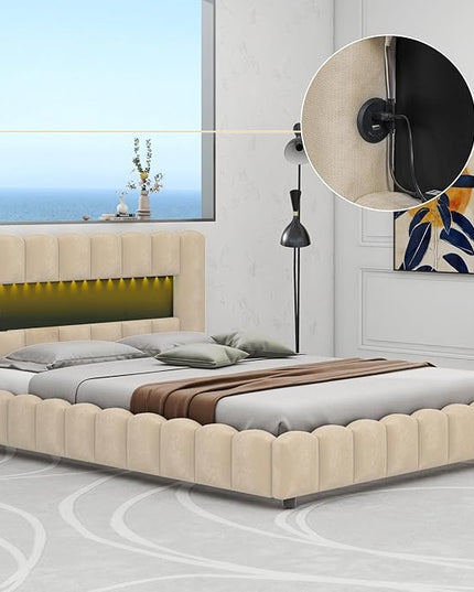 Queen Size Upholstered Platform Bed with Large Underneath Storage and LED Headboard, Platform Bed Frame with USB Charger for Bedroom Guest Room,No Box Spring Needed - LeafyLoom