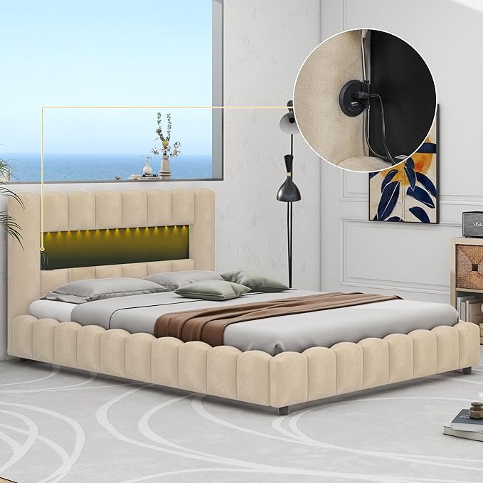Queen Size Upholstered Platform Bed with Large Underneath Storage and LED Headboard, Platform Bed Frame with USB Charger for Bedroom Guest Room,No Box Spring Needed - LeafyLoom