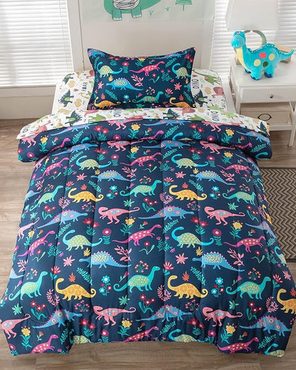 Dinosaur Twin Comforter Set for Boys Girls 4-Piece Dino Kids Bedding Sets Ultra Soft Cartoon Bedroom Set - Include Reversible Comforter, Flat Sheet, Fitted Sheet and Pillowcase, Blue - LeafyLoom