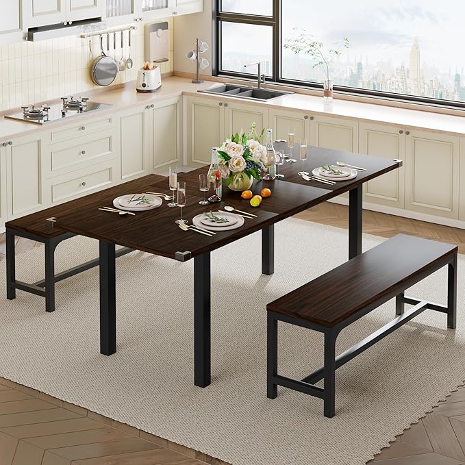 Feonase 63" Extendable Dining Room Table Set for 4, Modern Dining Table with 2 Benches, 3 Pcs Kitchen Table for Small Space, Easy Clean, Espresso - LeafyLoom