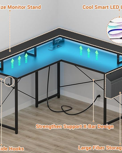 armocity L Shaped Computer Desk with Power Outlets, Small Gaming Desk L Shaped with LED Lights, 40 Inch Corner Desk with Storage Shelves, Work Study Desk for Bedroom, Home Office Small Spaces, Black - LeafyLoom