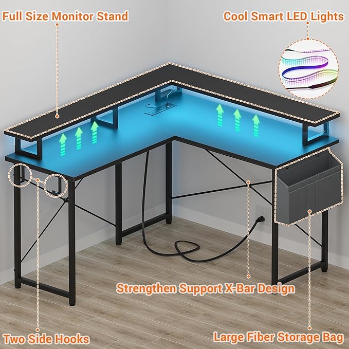 armocity L Shaped Computer Desk with Power Outlets, Small Gaming Desk L Shaped with LED Lights, 40 Inch Corner Desk with Storage Shelves, Work Study Desk for Bedroom, Home Office Small Spaces, Black - LeafyLoom
