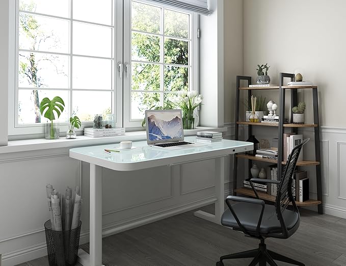 45.27 * 23.6 Height Adjustable Electric Standing Desk with Storage Sit Stand Desk Stand Up Desk Computer Desk Home Office Desk Tempered Glass Desktop (Tempered Glass/White Frame) - LeafyLoom