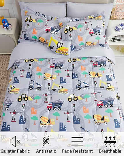 Mooreeke Bed in a Bag for Kids Boys Teens, 6 Pieces Twin Size Comforter Bed Set with Shams, Sheet Set and Decorative Toy Pillow, Excavator Super Soft Microfiber Kids Comforter Bedding Set - LeafyLoom