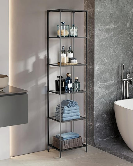 VASAGLE Bookcase, 6-Tier Bookshelf, Slim Shelving Unit for Bedroom, Bathroom, Home Office, Tempered Glass, Steel Frame, Ink Black and Slate Gray ULGT500G01 - LeafyLoom