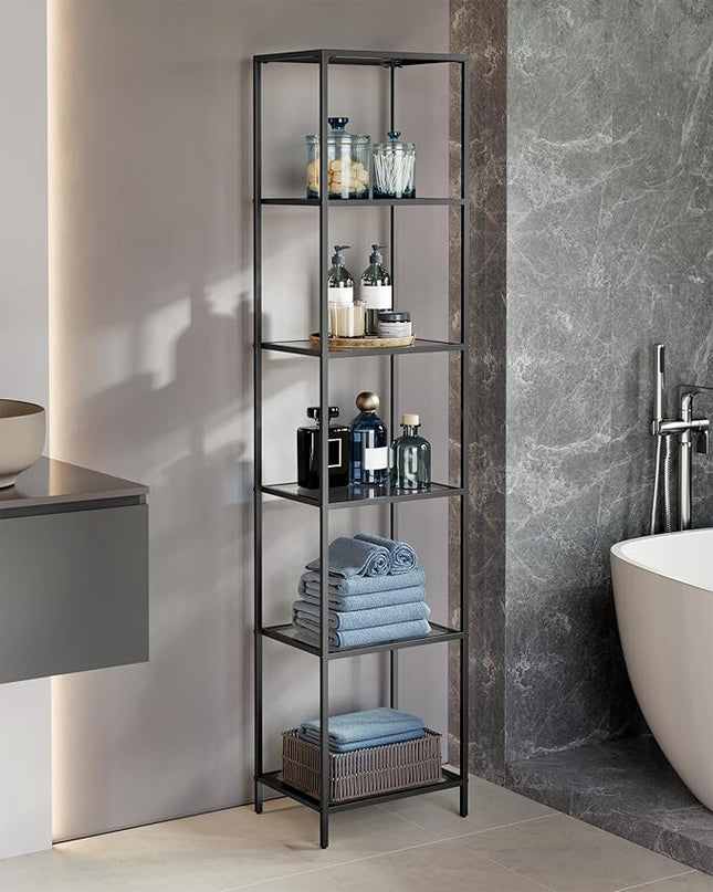 VASAGLE Bookcase, 6-Tier Bookshelf, Slim Shelving Unit for Bedroom, Bathroom, Home Office, Tempered Glass, Steel Frame, Ink Black and Slate Gray ULGT500G01 - LeafyLoom