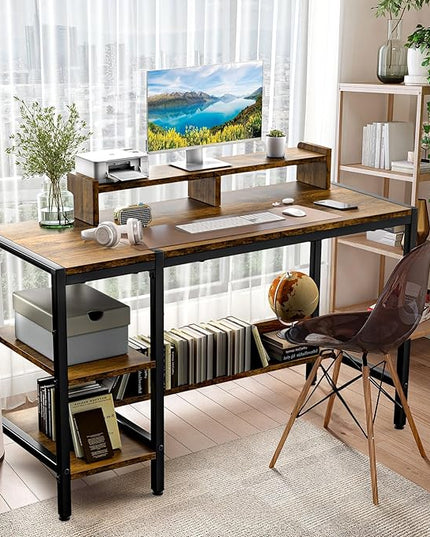 Gimars Upgrade 47” Computer Home Office Desk with Monitor Stand, Rustic Writing Desk with Adjustable Shelves & Large Bookshelf, Easy Assembly Gaming Desk, Spacious, Modren Design for Home Office - LeafyLoom