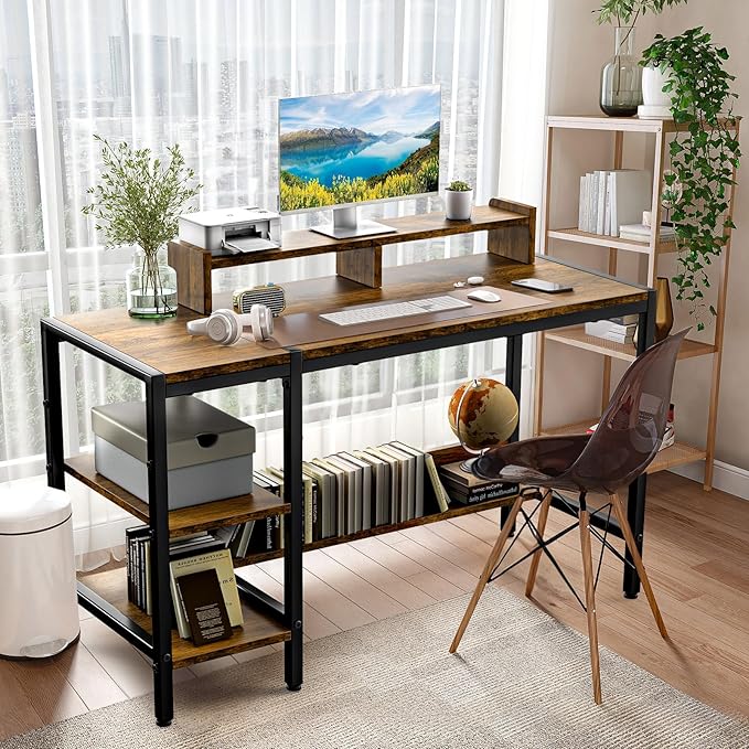 Gimars Upgrade 47” Computer Home Office Desk with Monitor Stand, Rustic Writing Desk with Adjustable Shelves & Large Bookshelf, Easy Assembly Gaming Desk, Spacious, Modren Design for Home Office - LeafyLoom
