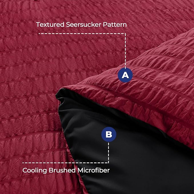 HYMOKEGE Seersucker Queen Comforter Set 3 Pieces, Lightweight Comforter Sets for Bedding, Bed Set with 1 All Season Soft Down Alternative Comforter and 2 Pillow Shams, Red and Black - LeafyLoom