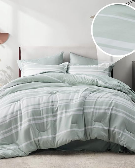 Bedsure Bed in a Bag California King Size 7 Pieces, Sage Green White Striped Bedding Comforter Sets All Season Bed Set, 2 Pillow Shams, Flat Sheet, Fitted Sheet and 2 Pillowcases - LeafyLoom