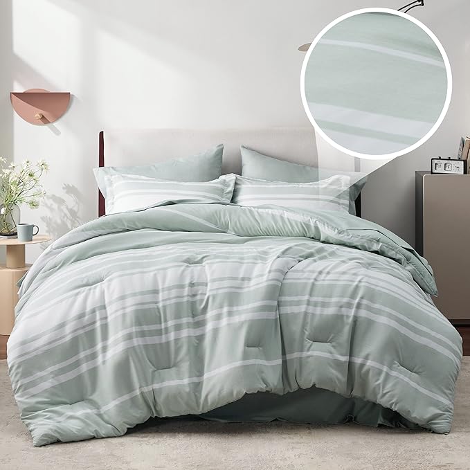 Bedsure Bed in a Bag California King Size 7 Pieces, Sage Green White Striped Bedding Comforter Sets All Season Bed Set, 2 Pillow Shams, Flat Sheet, Fitted Sheet and 2 Pillowcases - LeafyLoom