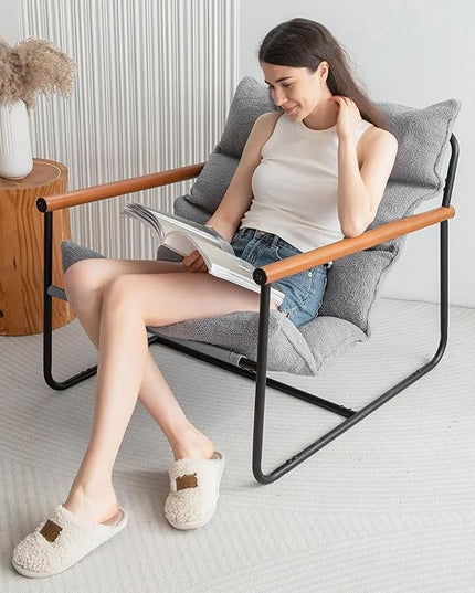 MAXYOYO Sherpa Accent Chair, Boucle Arm Chair Living Room Chair, Reading Accent Chair, Mid Century Modern Bedroom Chair,Teddy Armchair Wooden Arms Metal Frame - LeafyLoom