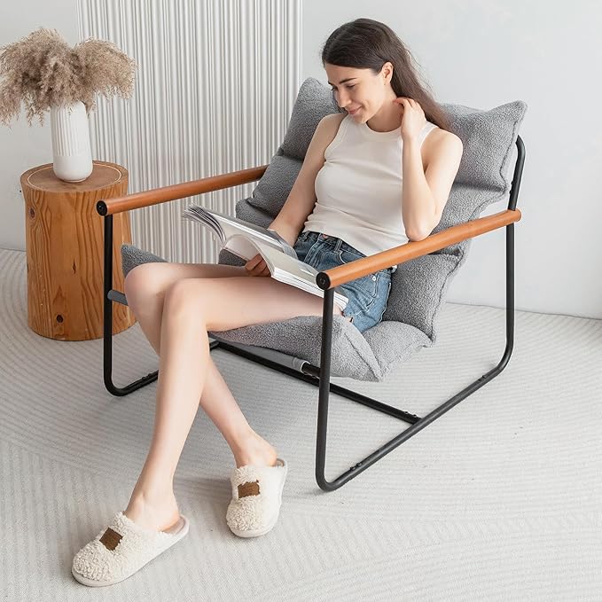 MAXYOYO Sherpa Accent Chair, Boucle Arm Chair Living Room Chair, Reading Accent Chair, Mid Century Modern Bedroom Chair,Teddy Armchair Wooden Arms Metal Frame - LeafyLoom
