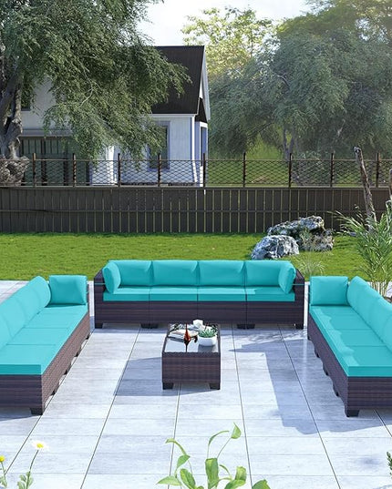 Kullavik 14PCS Outdoor Patio Furniture Set PE Wicker Rattan Sectional Sofa Patio Conversation Sets,Blue - LeafyLoom