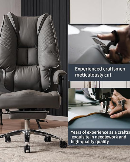 Big and Tall Office Chair 400lbs Wide Seat, Leather High Back Executive Office Chair with Foot Rest, Ergonomic Office Chair Lumbar Support for Lower Back Pain Relief (Grey) - LeafyLoom