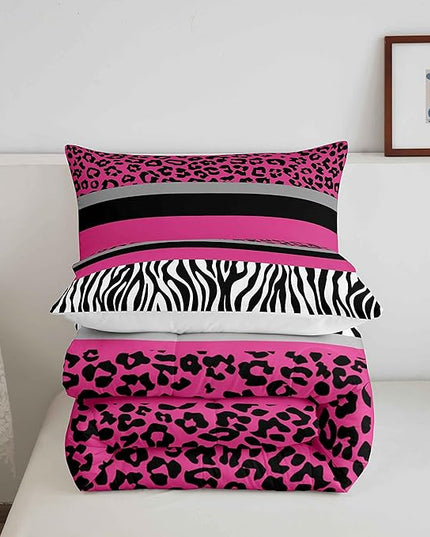 Zebra Stripes Comforter Leopard Print Comforter Set For Kids Boys Girls Pink Black White Zebra Leopard Fur Bedding Set Ultra Soft Decor Wild Animal Skin Texture Pattern Duvet Set Twin Size Quilt Set - LeafyLoom