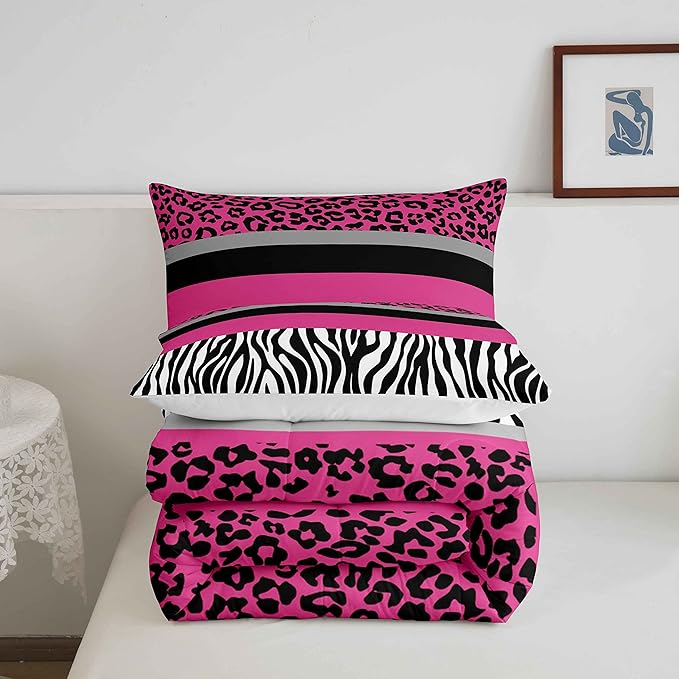 Zebra Stripes Comforter Leopard Print Comforter Set For Kids Boys Girls Pink Black White Zebra Leopard Fur Bedding Set Ultra Soft Decor Wild Animal Skin Texture Pattern Duvet Set Twin Size Quilt Set - LeafyLoom