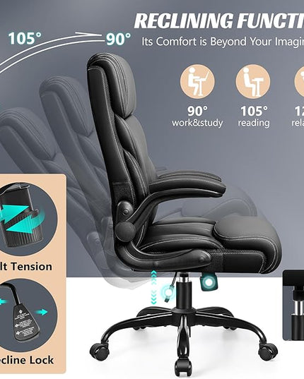 Office Chair, Ergonomic Big and Tall Computer Desk Chairs, Executive Breathable Leather Chair with Adjustable High Back Flip-up Armrests, Lumbar Support Swivel PC Chair with Rocking Function - LeafyLoom