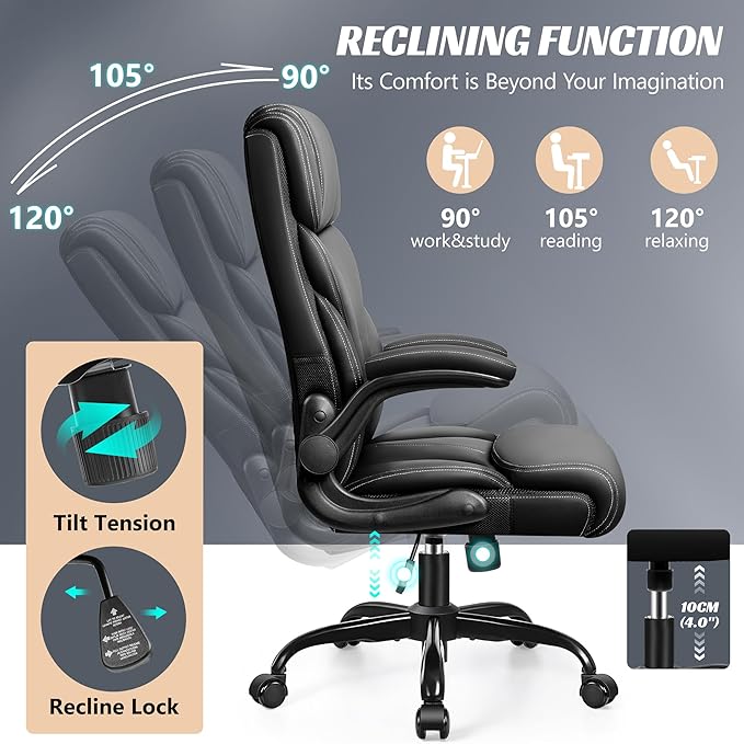 Office Chair, Ergonomic Big and Tall Computer Desk Chairs, Executive Breathable Leather Chair with Adjustable High Back Flip-up Armrests, Lumbar Support Swivel PC Chair with Rocking Function - LeafyLoom