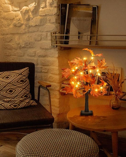 22 Inch Lighted Maple Tree Fall Tree Thanksgiving Tree Decorations with 6 Acorns & Pumpkins & Pinecones Autumn Decor with 18 LED Thanksgiving Decorations Indoor for Harvest, Fall, Party, Table - LeafyLoom