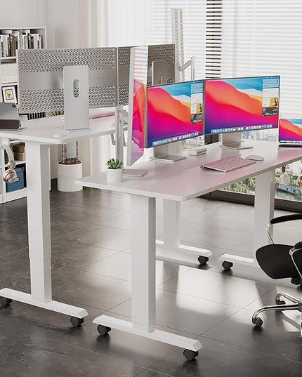 Electric Standing Desk 60 Inch, Ergonomic Height Adjustable Table with T-Shaped Metal Bracket Modern Computer Workstations for Home Office, White - LeafyLoom