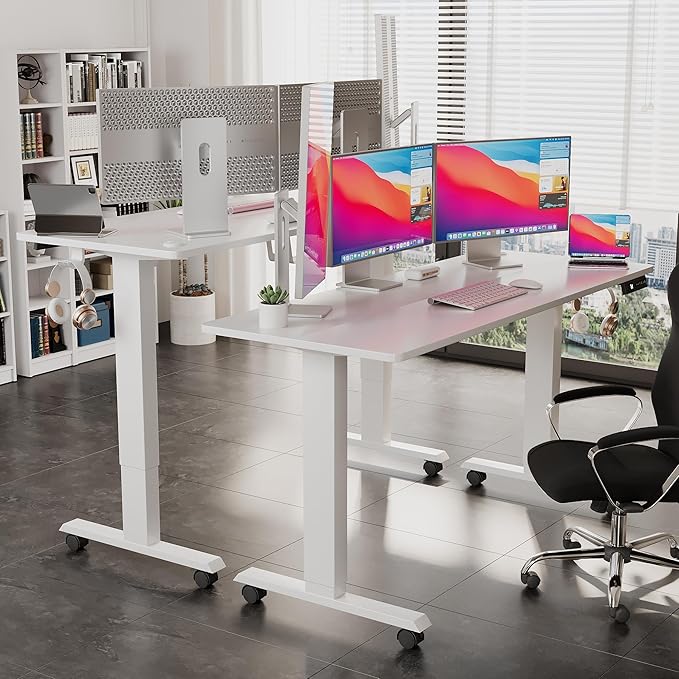 Electric Standing Desk 60 Inch, Ergonomic Height Adjustable Table with T-Shaped Metal Bracket Modern Computer Workstations for Home Office, White - LeafyLoom