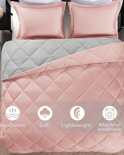 downluxe Queen Comforter Set - Pink and Grey Queen Comforter, Soft Bedding Sets for All Seasons - 3 Pieces - 1 Comforter (88"x92") and 2 Pillow Shams(20"x26") - LeafyLoom