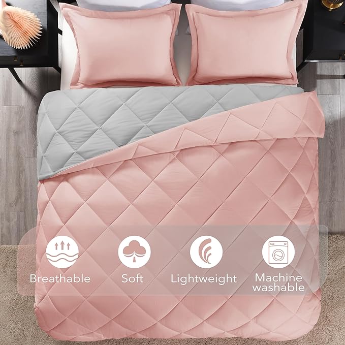 downluxe Queen Comforter Set - Pink and Grey Queen Comforter, Soft Bedding Sets for All Seasons - 3 Pieces - 1 Comforter (88"x92") and 2 Pillow Shams(20"x26") - LeafyLoom