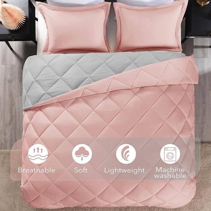downluxe King Size Comforter Set - Pink and Grey King Comforter, Soft Bedding Sets for All Seasons -3 Pieces - 1 Comforter (104"x92") and 2 Pillow Shams(20"x36") - LeafyLoom