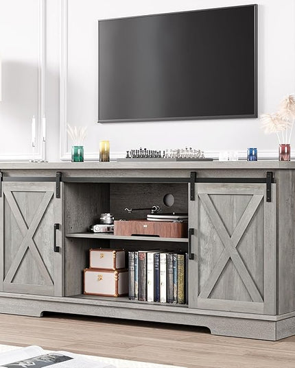 IDEALHOUSE Grey Farmhouse Cabinet, 65 Inch TV Stand with Storage, Barn Doors and Shelves, Modern TV Console Table Furniture for Living Bedroom - LeafyLoom