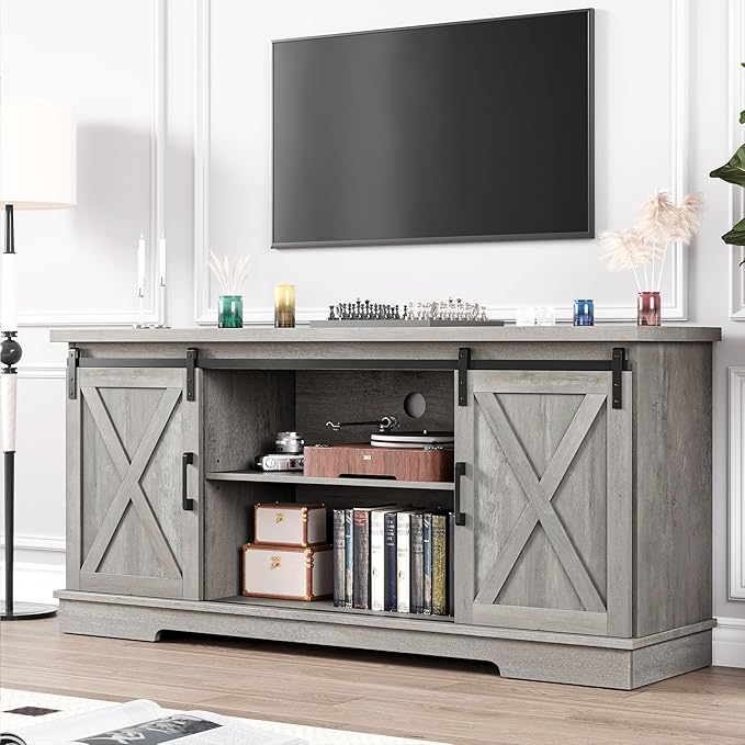 IDEALHOUSE Grey Farmhouse Cabinet, 65 Inch TV Stand with Storage, Barn Doors and Shelves, Modern TV Console Table Furniture for Living Bedroom - LeafyLoom