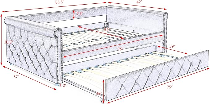 Full Size Daybed with Twin Trundle,Bedroom Upholstered Sofa Bed with Button Tufted and Copper Nail on Round Arms, No Spring Box Need,Grey (85.5"x57"x30.5") - LeafyLoom