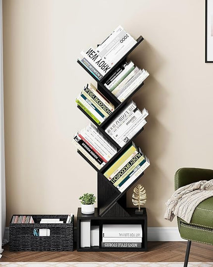 Vagusicc 6 Tier Tree Bookshelf, Modern Floor Standing Bookcase with Storage Drawer, Tall Wood Book Storage Rack for CDs/Books, Utility Book Organizer Shelves for Bedroom/Living Room/Home Office/Corner - LeafyLoom