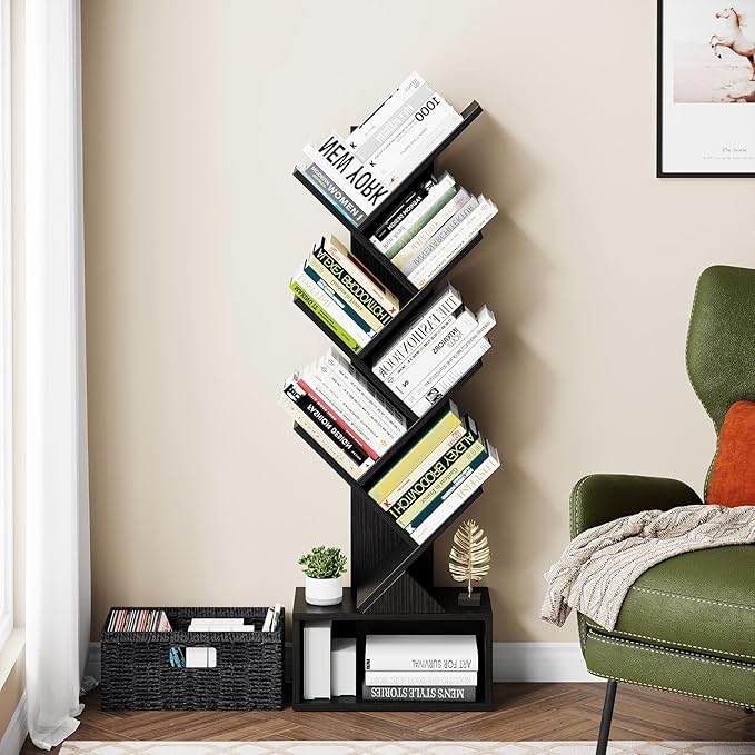Vagusicc 6 Tier Tree Bookshelf, Modern Floor Standing Bookcase with Storage Drawer, Tall Wood Book Storage Rack for CDs/Books, Utility Book Organizer Shelves for Bedroom/Living Room/Home Office/Corner - LeafyLoom