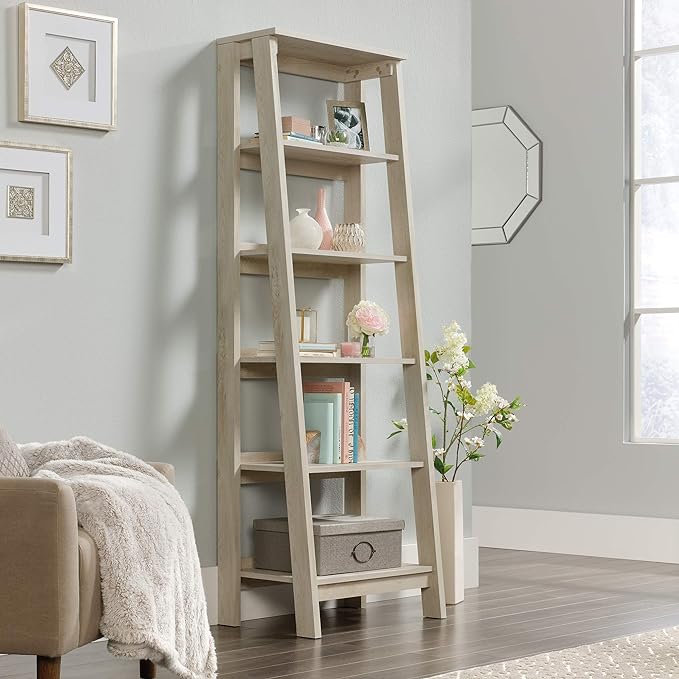 Sauder Trestle 5 Bookcase/Book Shelf, L: 23.54" x W: 16.61" x H: 71.14", Chalked Chestnut finish - LeafyLoom