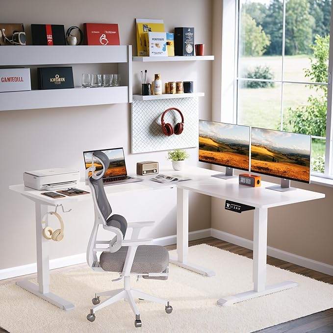 L-Shaped Electric Standing Desk, 63 x 55 Inches Height Adjustable Coner Table, Home Office Computer Workstation, White, 63 x 55 Inch - LeafyLoom