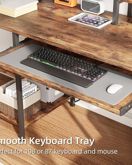 VERMESS Computer Desk, 48 Inch Home Office Desk, Gaming Desk with Keyboard Tray, Full Monitor Stand, Storage Shelves, CPU Stand Shelf, 47" Study Table Wide Writing Desk for 2 Monitors, Rustic Brown - LeafyLoom