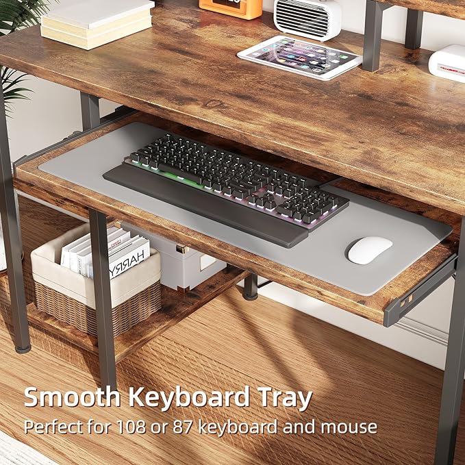 VERMESS Computer Desk, 48 Inch Home Office Desk, Gaming Desk with Keyboard Tray, Full Monitor Stand, Storage Shelves, CPU Stand Shelf, 47" Study Table Wide Writing Desk for 2 Monitors, Rustic Brown - LeafyLoom