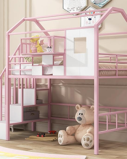 Twin Size Metal Loft Bed with roof Design and a Storage Box,House Shaped Stairway Metal Bedframe w/Guardrail & Roof Design, for Kids Boys Girls Bedroom, Pink - LeafyLoom